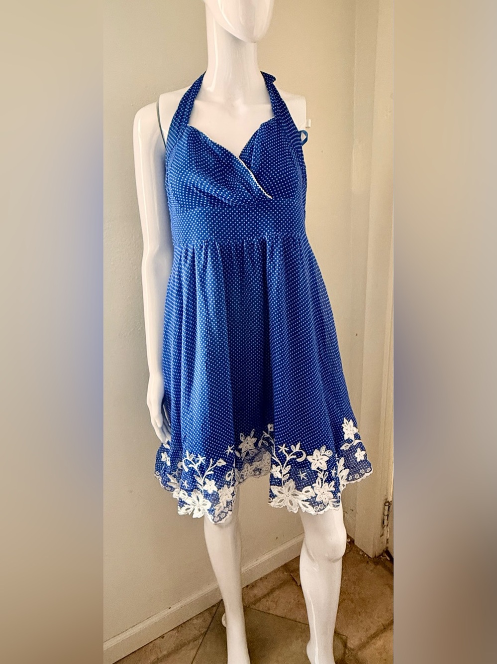 Blue White Polka Dot Halter Dress with Embroidered Lace Hem — Size L